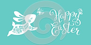 Beautiful banner with calligraphy text Happy easter and silhouette of cute bunny. Vector illustration of hare, bunny