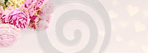 Beautiful banner with a delicate bouquet of pink peony roses and bokeh hearts. Copy space, banner