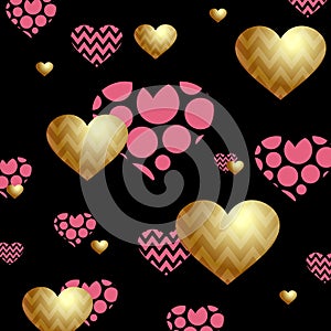 Beautiful banner with gold and pink hearts on a black background. Valentines Day.