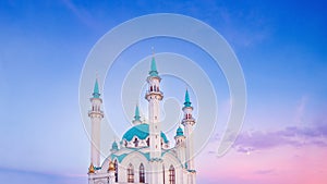 Beautiful banner panorama white islamic background Mosque with blue roof sunset cloud with sun light pink sky