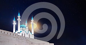 Beautiful banner white islamic Mosque with blue roof background night sky with star and moon