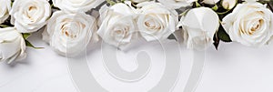 Beautiful banner with white roses background of Mothers, Valentine Day, Birthday, Anniversary, Wedding. Copy space. For