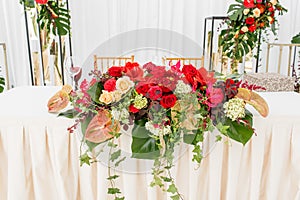 Beautiful banquet hall under a tent for a wedding reception. Interior of a wedding tent decoration ready for guests