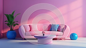 beautiful Barbie pink and blue interior of modern living room with pink walls, pink sofa and round coffee table with blue cushions