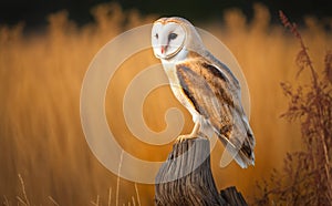 A beautiful barn owl perched on a tree stump, side view, blurred yellow grass background, generative AI