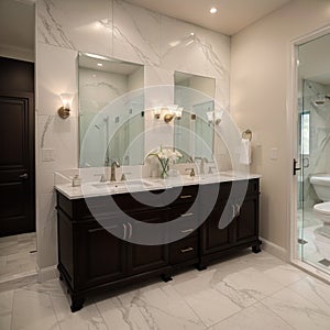 Beautiful bathroom in luxury home with double vanity bathtub and shower Features herringbone tile on floor and marble tile on