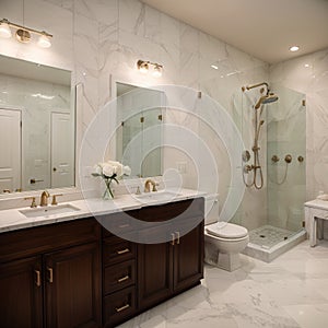 Beautiful bathroom in luxury home with double vanity bathtub and shower Features herringbone tile on floor and marble tile on