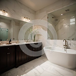 Beautiful bathroom in luxury home with double vanity bathtub and shower Features herringbone tile on floor and marble tile on