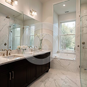 Beautiful bathroom in luxury home with double vanity bathtub and shower Features herringbone tile on floor and marble tile on