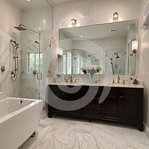 Beautiful bathroom in luxury home with double vanity bathtub and shower Features herringbone tile on floor and marble tile on