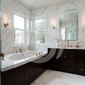 Beautiful bathroom in luxury home with double vanity bathtub and shower Features herringbone tile on floor and marble tile on