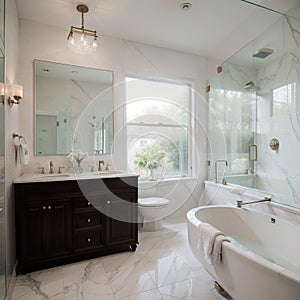 Beautiful bathroom in luxury home with double vanity bathtub and shower Features herringbone tile on floor and marble tile on