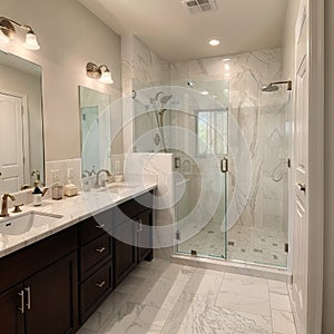 Beautiful bathroom in luxury home with double vanity bathtub and shower Features herringbone tile on floor and marble tile on