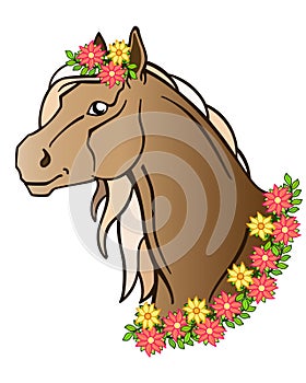 Beautiful bay horse with a long mane. Horse head in a wreath of flowers and leaves.