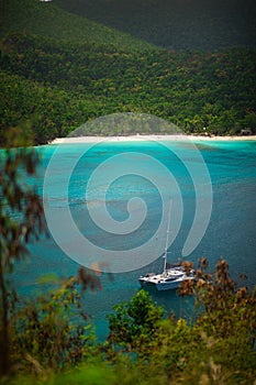 Beautiful bay in island with green hills and yachts, St. John US Virgin Islands