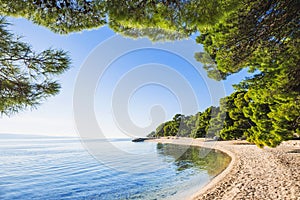 Beautiful bay near Brela town at sunset, Makarska rivera, Dalmatia, Croatia