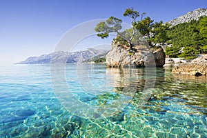 Beautiful bay near Brela town at sunset, Makarska rivera, Dalmatia, Croatia