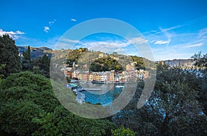 The beautiful bay of Portofino fishing village,luxury harbor,Ligurian Coast near Genoa, Italy.