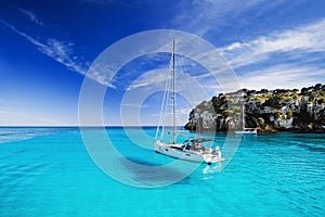 Beautiful bay with sailing boats, Menorca island, Spain