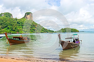 Beautiful bay of Thailand, wooden boats