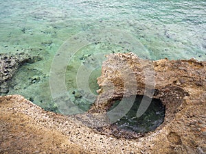 Beautiful beach Agios Nikolaos and sea urchins in the Corinthian Gulf of the Ionian sea in Greece on a cloudy autumn day