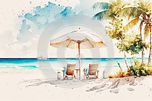 Beautiful beach banner. White sand, chairs and umbrella travel tourism wide panorama background concept. Amazing beach watercolor