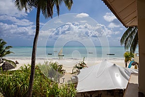 Beautiful beach. Beach furniture on the beach. Paradise vacation.