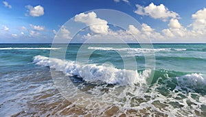 A beautiful beach with a blue ocean and white clouds in the sky.