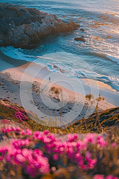 Beautiful beach in California, pink flowers on the ground