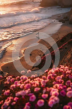 Beautiful beach in California, pink flowers on the ground