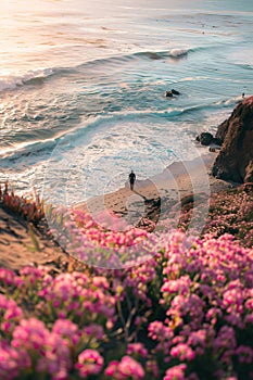 Beautiful beach in California, pink flowers on the ground, distant view of a surfer