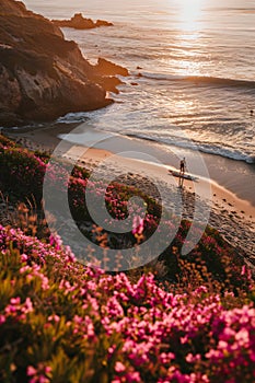Beautiful beach in California, pink flowers on the ground, distant view of a surfer
