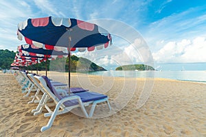 Beautiful beach, Chairs on the sandy beach near the sea, Summer holiday and vacation concept for tourism