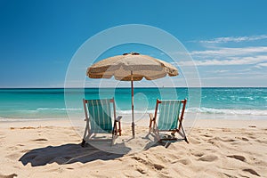 Beautiful beach. Chairs on the sandy beach. Two sun loungers and a beach umbrella on the sand against the backdrop of the sea.