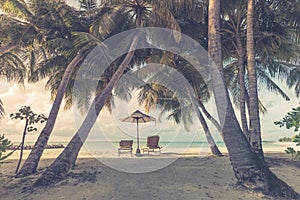 Beautiful beach. Chairs under palm trees sandy beach sea. Summer holiday and vacation concept for tourism. Inspirational beach