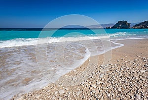 Beautiful beach on coast of Ionian Sea in Albania, Ksamil, Saran