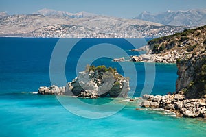 Beautiful beach on coast of Ionian Sea in Albania, Ksamil, Saran