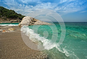 Beautiful beach on coast of Ionian Sea in Albania, Ksamil, Saran