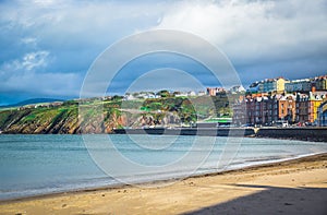 Beautiful beach and coastline of the seaside town Peel, Isle of Man