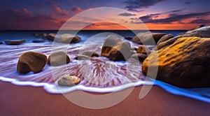 beautiful beach colored stones in the beach side with waves at the night, phosphorus stones, colored beach stones background