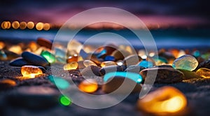 beautiful beach colored stones in the beach side with waves at the night, phosphorus stones, colored beach stones background