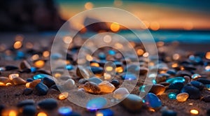 beautiful beach colored stones in the beach side with waves at the night, phosphorus stones, colored beach stones background