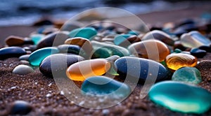 beautiful beach colored stones in the beach side with waves at the night, phosphorus stones, colored beach stones background