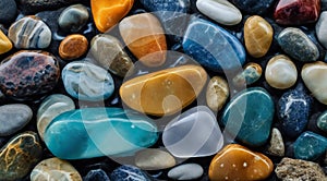 beautiful beach colored stones in the beach side with waves at the night, phosphorus stones, colored beach stones background