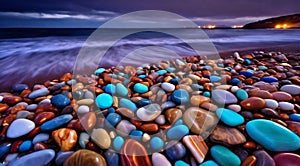 beautiful beach colored stones in the beach side with waves at the night, phosphorus stones, colored beach stones background