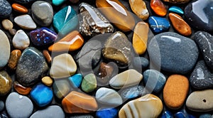 beautiful beach colored stones in the beach side with waves at the night, phosphorus stones, colored beach stones background