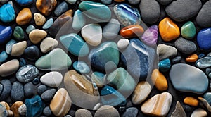 beautiful beach colored stones in the beach side with waves at the night, phosphorus stones, colored beach stones background