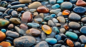 beautiful beach colored stones in the beach side with waves at the night, phosphorus stones, colored beach stones background