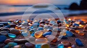 beautiful beach colored stones in the beach side with waves at the night, phosphorus stones, colored beach stones background