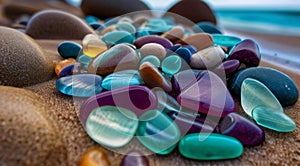 beautiful beach colored stones in the beach side with waves at the night, phosphorus stones, colored beach stones background